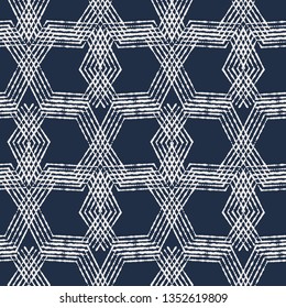 Textured line geometric shape seamless repeat vector pattern with hexagons and diamonds in navy and cream.