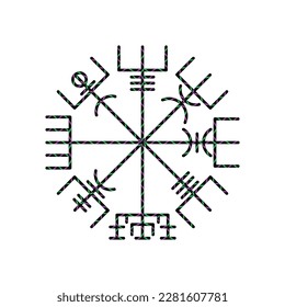 Textured linear Vegvisir symbol isolated on white background. Old Scandinavian norse sign for viking pattern tattoos and designs