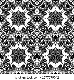 Texturierte Linien nahtloses Muster. brüchiger, Vektorgrafikhintergrund auf grauem Hintergrund. Abstrakte, schwarz-weiße Blumen-Ornamente. Griechischer Schlüssel, Mäander, Formen, Linien. Wiederholen Sie die ethnische Hintergründe der Stämme. Ornate Design.