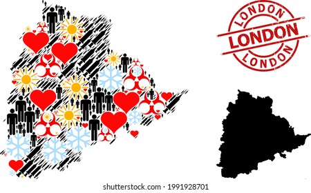 Textured London stamp, and winter humans infection treatment collage map of Telangana State. Red round stamp seal includes London caption inside circle.