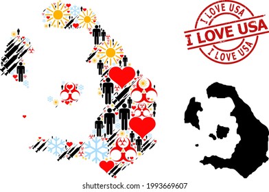 Textured I Love USA stamp seal, and spring man virus therapy mosaic map of Santorini Island. Red round stamp seal includes I Love USA text inside circle.