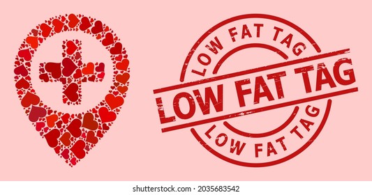 Textured Low Fat Tag seal, and red love heart mosaic for hospital map pointer. Red round seal has Low Fat Tag title inside circle. Hospital map pointer mosaic is formed with red valentine elements.