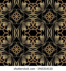 Textured luxury seamless pattern. Vintage ornamental ropes background. Vector gold strings and ropes grunge ornaments. Hand drawn floral design with flower, ropes, strings, lines. Repeat backdrop.