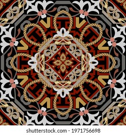 Textured luxury seamless pattern. Vintage ornamental ropes background. Vector gold strings and ropes arabic ornament. Floral design with flowers, ropes, strings, lines. Repeat greek style backdrop.