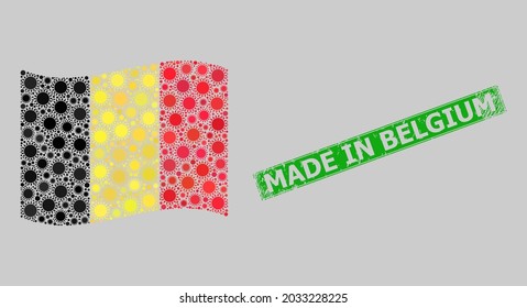 Textured Made in Belgium and mosaic waving Belgium flag designed of sun icons. Green stamp seal has Made in Belgium text inside rectangle.