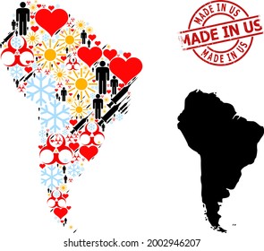 Textured Made in Us stamp, and heart humans inoculation collage map of South America. Red round stamp contains Made in Us title inside circle. Map of South America collage is formed of frost, spring,