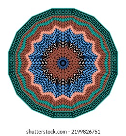 Patrón de mandala texturada. Mandala tradicional tribal de color con marco griego. Bonitos adornos florales decorativos sobre fondo blanco. Diseño moderno y aislado. Flor abstracta.