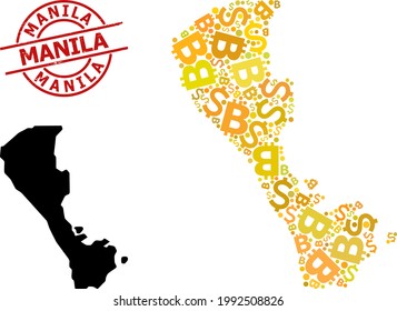 Textured Manila stamp seal, and money collage map of Boracay Island. Red round stamp seal includes Manila caption inside circle. Map of Boracay Island mosaic is created with financial, funding,