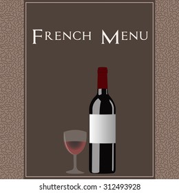 Textured menu design with text and a bottle of wine. Vector illustration