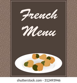 Textured menu design with text and traditional french food. Vector illustration