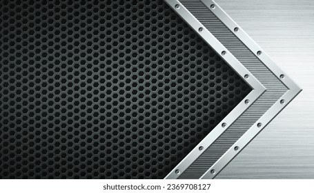 Textured metal perforated background with arrow. Industrial vector illustration.