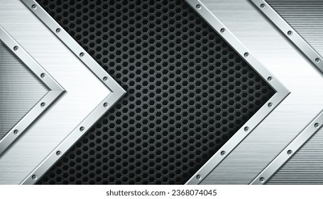 Textured metal perforated background with arrows. Industrial vector illustration.