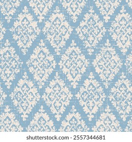 Textured modern baroque grunge style. Classic ornament. Damask pattern on blue background. Damask seamless pattern for design. Vector Illustration ,