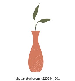 Textured modern vase with a plant leaf isolated on a white background. Vector element mid-century modern style earth tones