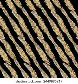 Textured Monochromatic leaf Seamless Pattern background.Tropical palm leaves with golden leaf texture background on black background.