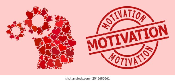 Textured Motivation stamp seal, and red love heart pattern for mind gears. Red round stamp seal contains Motivation caption inside circle. Mind gears collage is made of red valentine items.