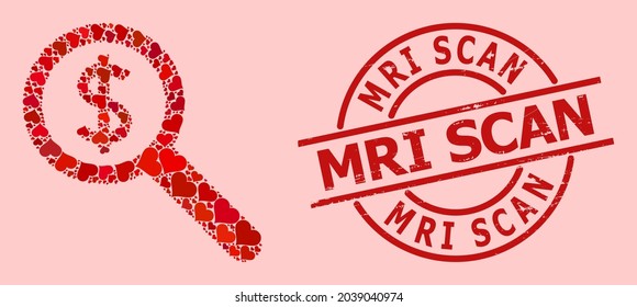 Textured MRI Scan Stamp Seal, And Red Love Heart Mosaic For Financial Audit. Red Round Stamp Seal Includes MRI Scan Caption Inside Circle. Financial Audit Mosaic Is Designed Of Red Romance Items.