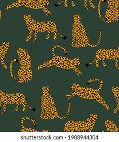 Textured Naughty Leopards Pattern Trendy Fashion Colors Minimal Concept Seamless Design Abstract Cartoon Vector Cats Dark Green Background