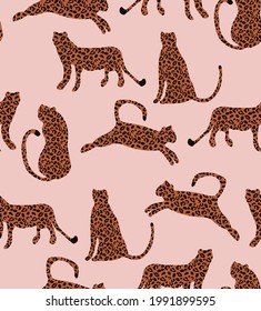 Textured Naughty Leopards Pattern Trendy Fashion Colors Minimal Concept Seamless Design Abstract Cartoon Vector Cats Pastel Pink Background