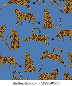 Patrón de leopardos trendy Colores de moda Concepto mínimo Diseño transparente Resumen de dibujos animados Gatos vectores fondo azul