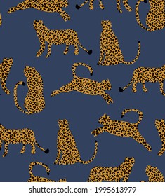 Textured Naughty Leopards Pattern Trendy Fashion Colors Minimal Concept Seamless Design Abstract Cartoon Vector Cats Navy Background