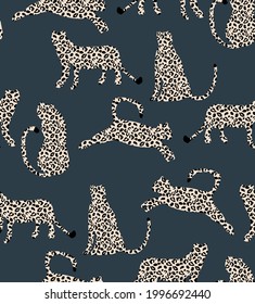 Textured Naughty Leopards Pattern Trendy Fashion Colors Minimal Concept Seamless Design Abstract Cartoon Vector Cats Petrol Blue Background