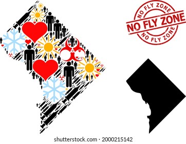 Texturierte No Fly Zone Stempelsiegel, und schöne Patienten Infektionsbehandlung Collage Karte des District Columbia. Rotes rundes Siegel enthält keinen Fly Zone Text im Kreis.