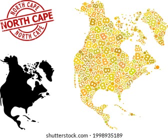 Textured North Cape seal, and finance mosaic map of North America. Red round seal contains North Cape tag inside circle. Map of North America mosaic is constructed of financial, dollar,