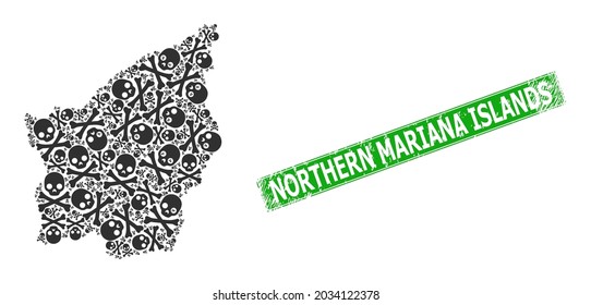 Textured Northern Mariana Islands stamp seal, and San Marino map mosaic of death skull icons. Green rectangle stamp includes Northern Mariana Islands text inside rectangle.