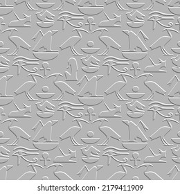 Textured old style 3d egyptian seamless pattern. Emboss white grunge egyptian backdround. Relief rough repeat vector backdrop. Egyptian eyes, symbols, signs, hieroglyphs, birds, animals silhouettes.
