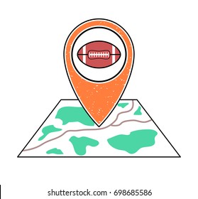 Textured orange geotag icon with rugby ball symbol pointing at a map.GPS navigation.Mobile,smartphone app, website vector illustration.Team sport game sign. American football field location on a plan