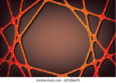 Textured orange lines on brown background, spider web border, abstract background with shadow, frame vector