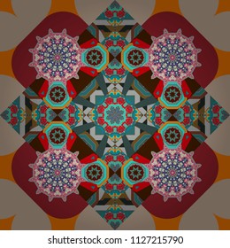Textured. Orient popular style. Sloping colorful ornament for design and backgrounds. Abstract blurred paisley red, yellow and blue ornament. Vector illustration.