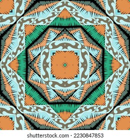 Patrón ornamental sin costuras texturado. Hermoso fondo vectorial rayado en tapicería. Repetir el fondo colorido de estilo bordado. Ornamentos decorativos de eclosión geométrica. Textura interminable ornamentada.