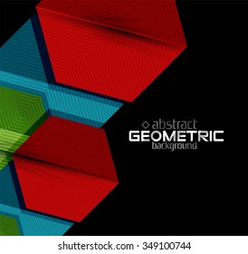 Textured paper geometric shapes on black. Vector abstract background