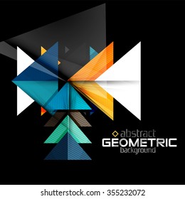 Textured paper geometric shapes on black. Vector abstract background