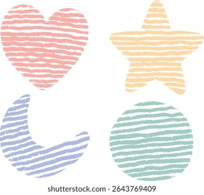 Textured Pastel Heart, Star, Crescent Moon and Circle Silhouettes with Rough Horizontal Stripes