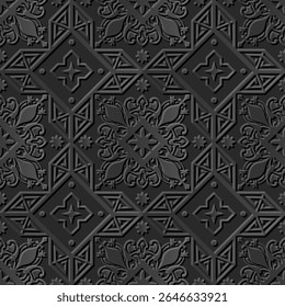 A textured pattern featuring intricate geometric shapes and floral designs in shades of gray.