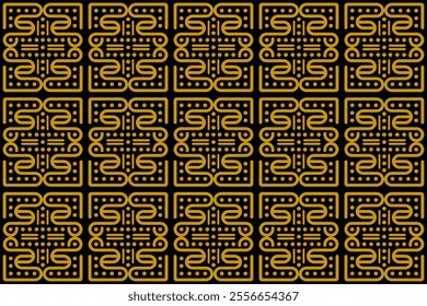 textured pattern of geometric figures in gold on a black background. combination of letter f in line style with circle shape. horizontal layout. 