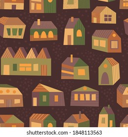 Textured pattern with houses with windows, dotted walls, doors, striped roofs. Flat design, lovely kids style homes. Yellow, brown, green palette. Funny asymmetric buildings collection on dark.