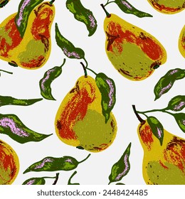 Textured pears. Fruit pattern. Cartoon style. Hand drawn elements. Vector seamless overlapping pattern.