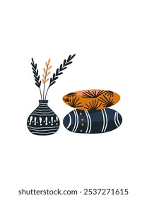 Textured pillows and ceramic vase with wheat stalks, Scandinavian style