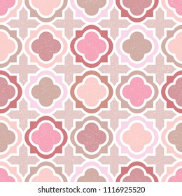 Textured Pink and Beige Barbed Quatrefoil Vector Seamless Pattern Background