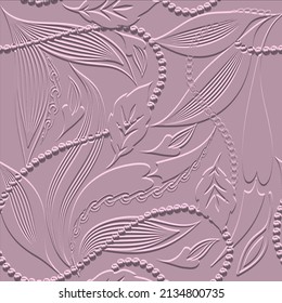 Textured pink leafy 3d seamless pattern. Jewelry floral embossed background with chains and necklaces. Decorative repeat emboss leaves backdrop. Relief surface texture. Hand drawn vintage ornaments.