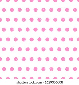 Textured pink polka dot background. Cute seamless pattern with rosy circles on white background. Hand drawn doodle style. Vector illustration.