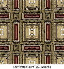 Textured plaid tartan seamless pattern. Halftone ornamental checkered grid background. Tapestry embroidery style zigzag ornament. Tribal ethnic repeat vector backdrop. Stripes, squares, zig zag lines.
