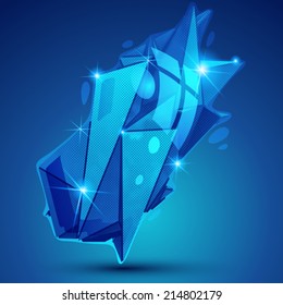 Textured plastic geometric object with flashes, pixilated 3d cybernetic figure.