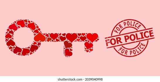 Textured For Police stamp seal, and red love heart mosaic for key. Red round stamp seal contains For Police text inside circle. Key mosaic is done with red dating elements.