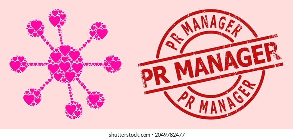 Textured Pr Manager stamp seal, and pink love heart mosaic for node relations. Red round seal contains Pr Manager tag inside circle. Node relations mosaic is designed from pink valentine items.