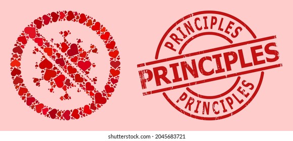 Textured Principles stamp seal, and red love heart collage for stop covid virus. Red round stamp seal has Principles tag inside circle. Stop covid virus collage is constructed with red wedding items.